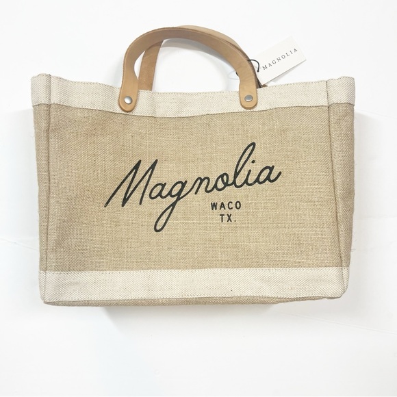 NWT Magnolia Waco Script Burlap and Leather Market Tote by Joanna Gaines - Picture 2 of 5